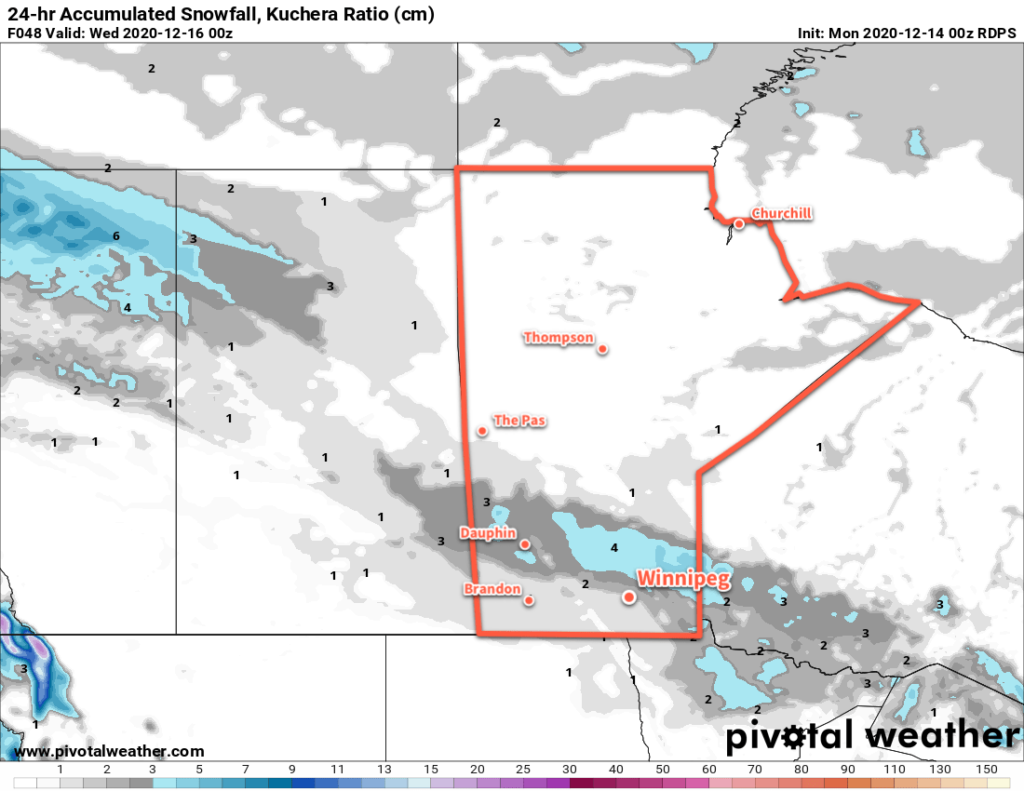 RDPS 24hr. Snowfall Accumulation (Kuchera SLR) valid 00Z Wednesday December 16, 2020