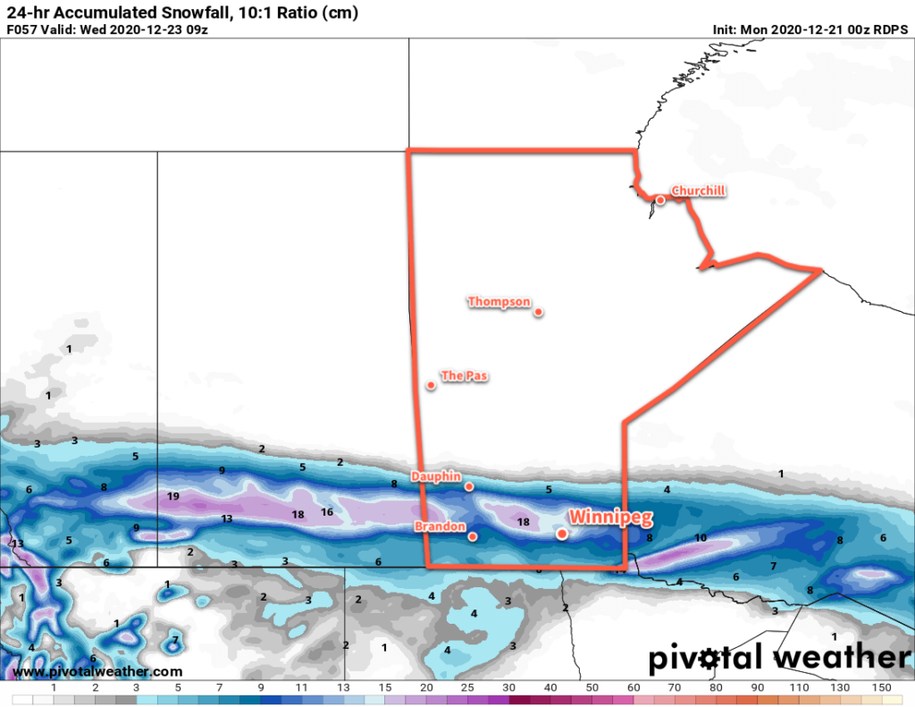 RDPS 24-hr. Snow Accumulation Forecast (at 10:1 SLR) valid 09Z Wednesday December 23, 2020