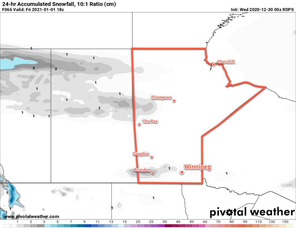 RDPS 24 hr. Snow Accumulation Forecast (at 10:1 SLR) valid 18Z Friday January 1, 2020