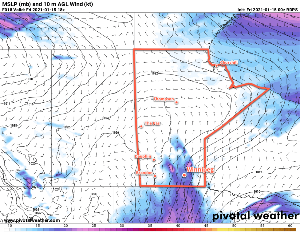 RDPS 10m AGL Wind Forecast valid 18Z Friday January 15, 2021