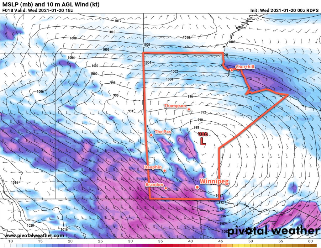 RDPS 10m Wind Forecast valid 18Z Wednesday January 20, 2021