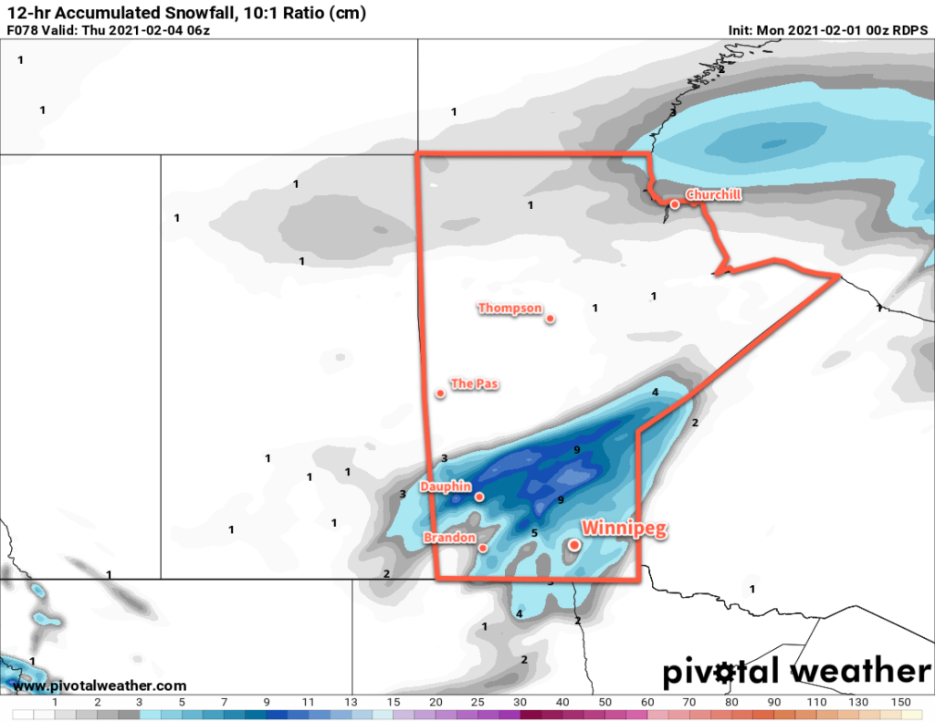 RDPS 12hr. Snowfall Accumulation (at 10:1 SLR) valid 06Z Thursday February 4, 2021