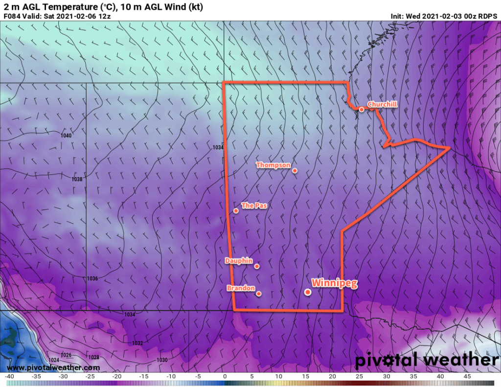 RDPS 2m Temperature Forecast valid 12Z Saturday February 6, 2021
