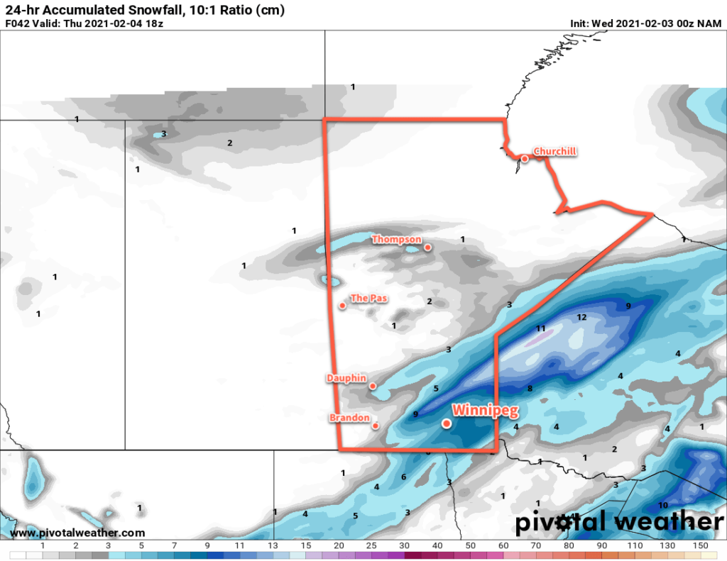 NAM 24hr. Accumulated Snowfall Forecast (at 10:1 SLR) valid 18Z Thursday February 4, 2021