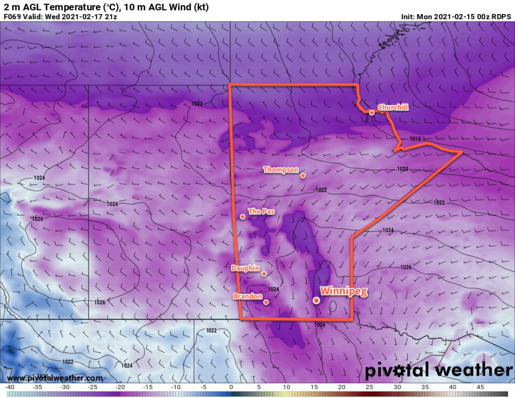 RDPS 2m Temperature Forecast valid 21Z Wednesday February 17, 2021