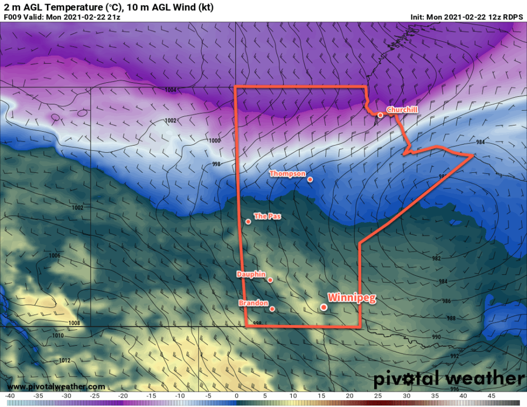 RDPS 2m Temperature Forecast valid 21Z Monday February 22, 2021