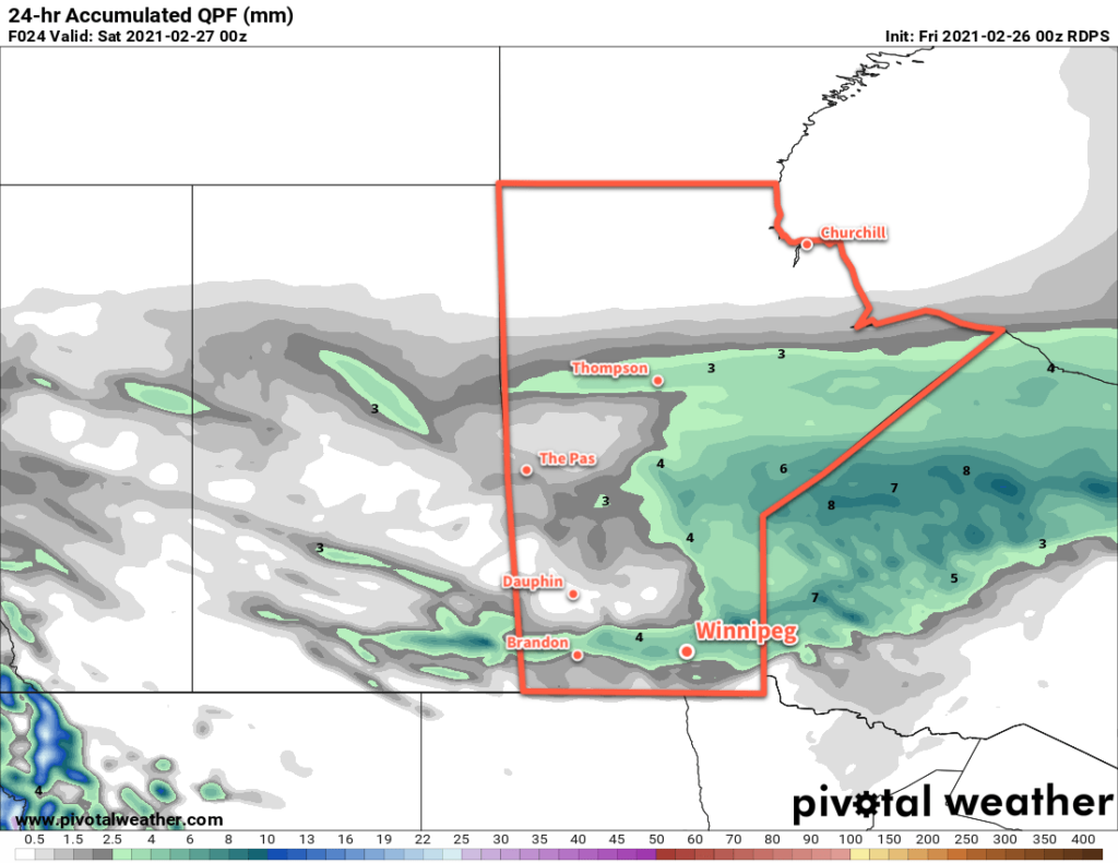 RDPS 24hr Accumulated QPF Forecast valid 00Z Saturday February 27, 2021