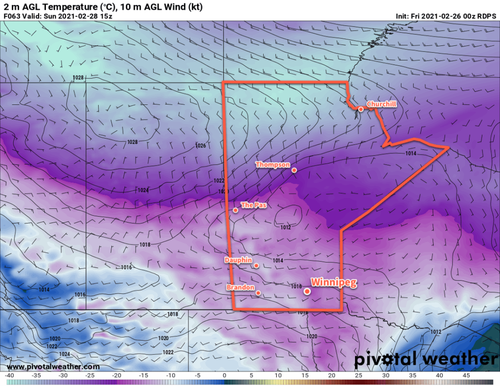 RDPS 2m Temperature Forecast valid 15Z Sunday February 28, 2021