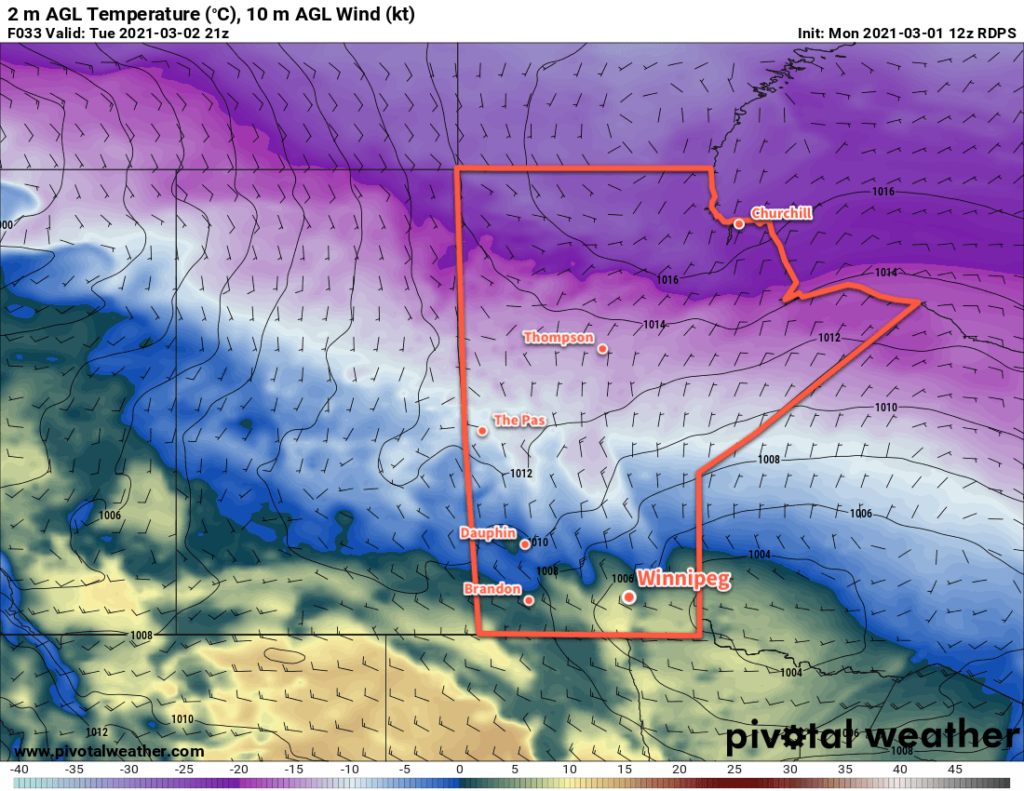 RDPS 2m Temperature Forecast valid 21Z Tuesday March 2, 2021