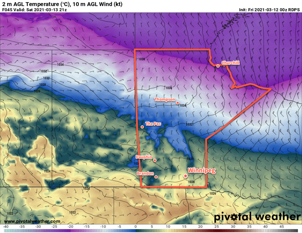 RDPS 2m Temperature Forecast valid 21Z Saturday March 13, 2021