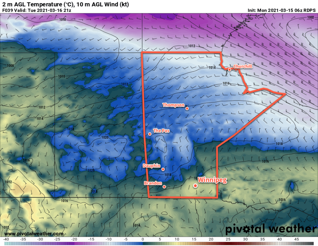 RDPS 2m Temperature Forecast valid 21Z Tuesday March 16, 2021