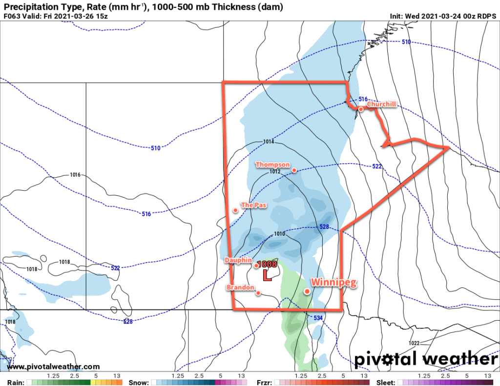 RDPS Precipitation Type and Rate Forecast valid 15Z Friday March 26, 2021