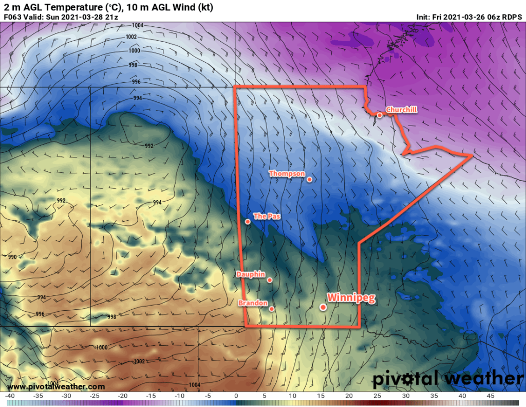 RDPS 2m Temperature Forecast valid 21Z Sunday March 28, 2021