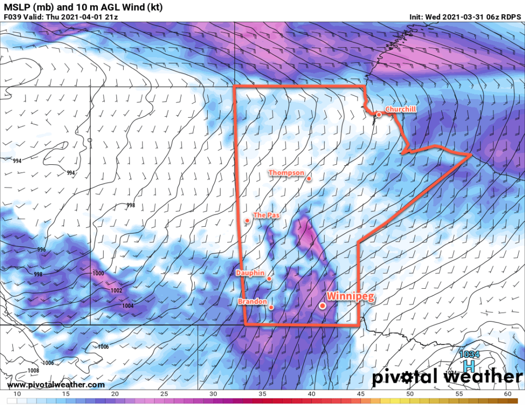 RDPS 10m Wind Speed Forecast valid 21Z Thursday April 1, 2021