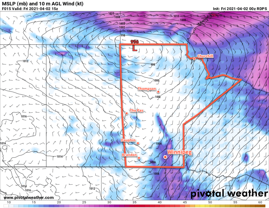 RDPS 10m Wind Forecast valid 15Z Friday April 2, 2021