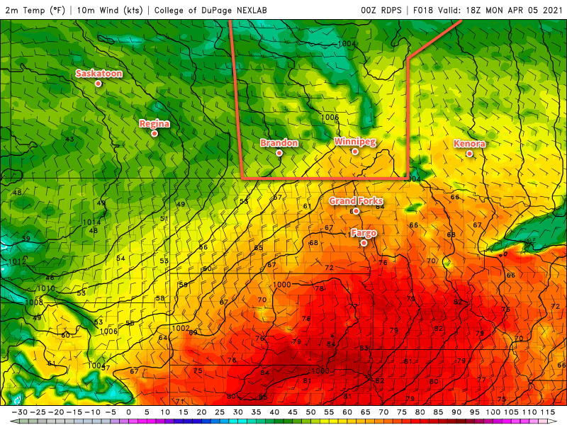 RDPS 2m Temperature Forecast valid 18Z Monday April 5, 2021
