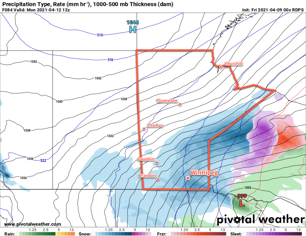 RDPS Precipitation Type and Rate Forecast valid 12Z Monday April 12, 2021