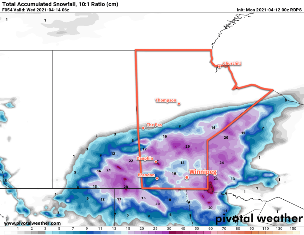 RDPS Total Snowfall Accumulation Forecast (at 10:1 SLR) valid 00Z Monday April 12, 2021 to 06Z Wednesday April 14, 2021