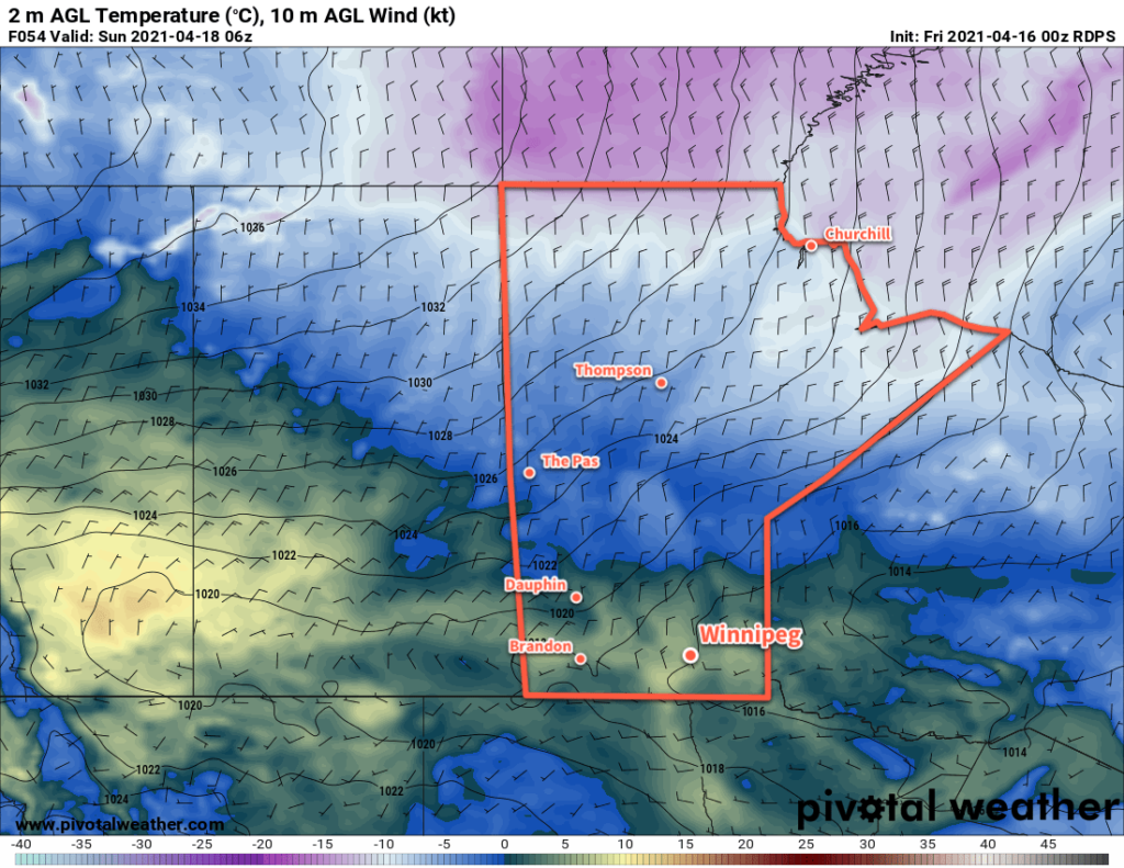 RDPS 2m Temperature Forecast valid 06Z Sunday April 18, 2021