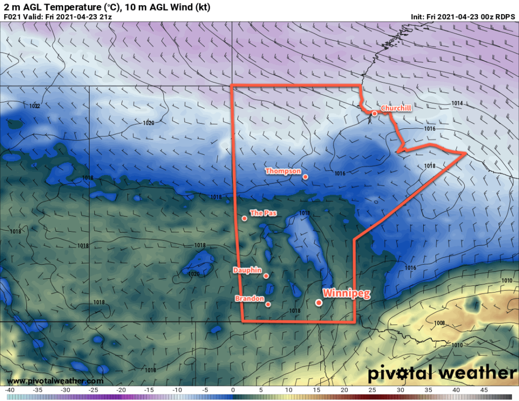 RDPS 2m Temperature Forecast valid 21Z Friday April 23, 2021