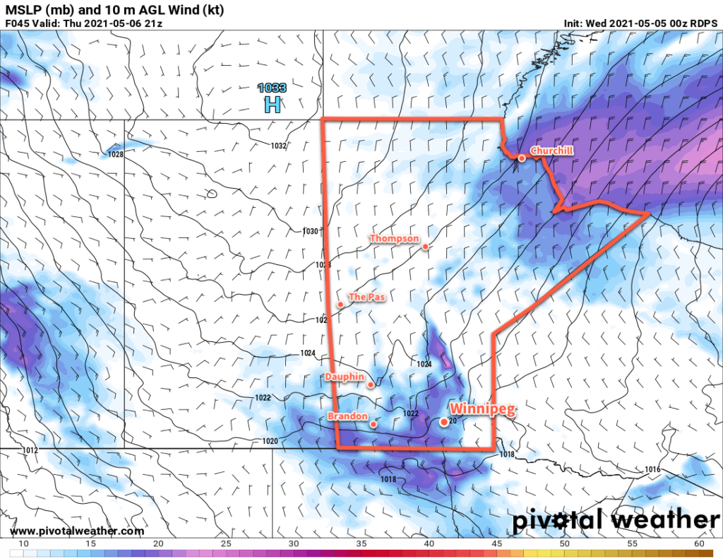 RDPS MSLP and 10m Wind Forecast valid 21Z Thursday May 6, 2021