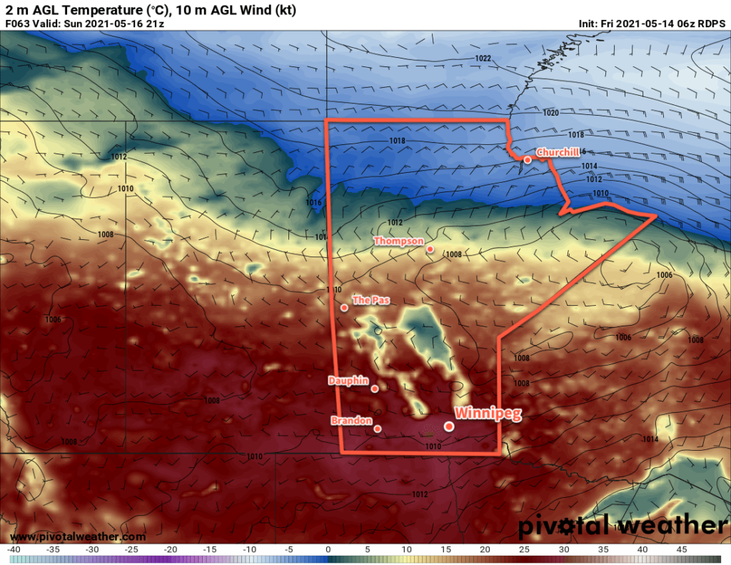 RDPS 2m Temperature Forecast valid 21Z Sunday May 16, 2021
