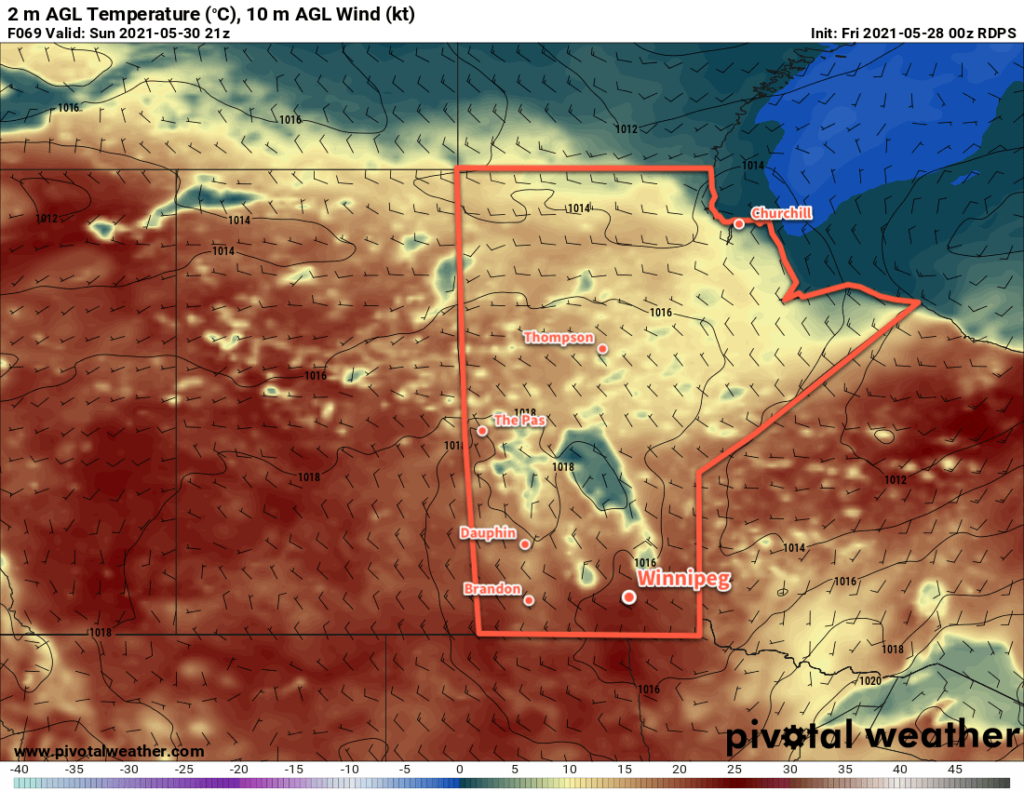 RDPS 2m Temperature Forecast valid 21Z Sunday May 30, 2021