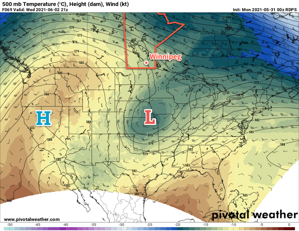 RDPS 500mb Wind and Temperature Forecast valid 21Z Wednesday June 2, 2021