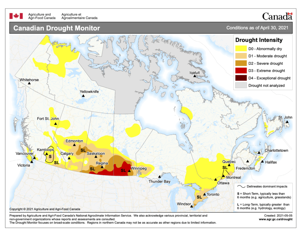 Canadian Drought Monitor Conditions as of April 30, 2021