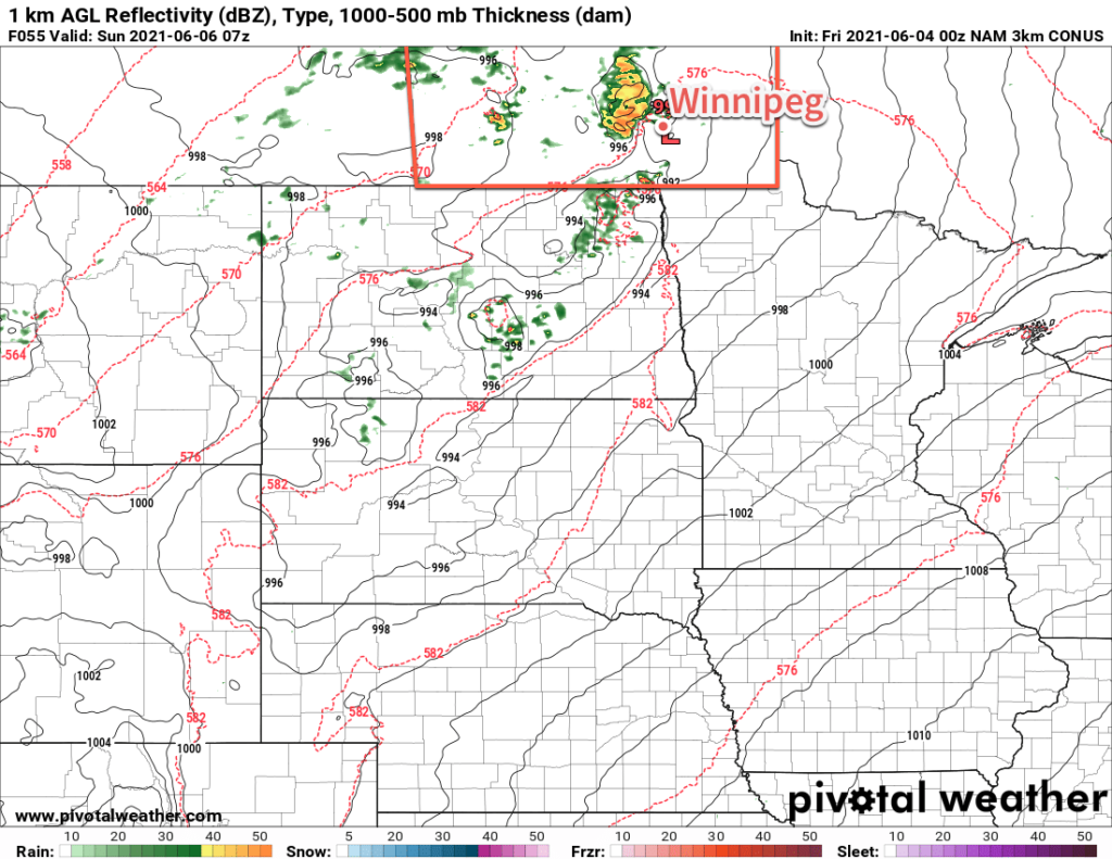 3km NAM Simulated Reflectivity Forecast valid 07Z Sunday June 6, 2021