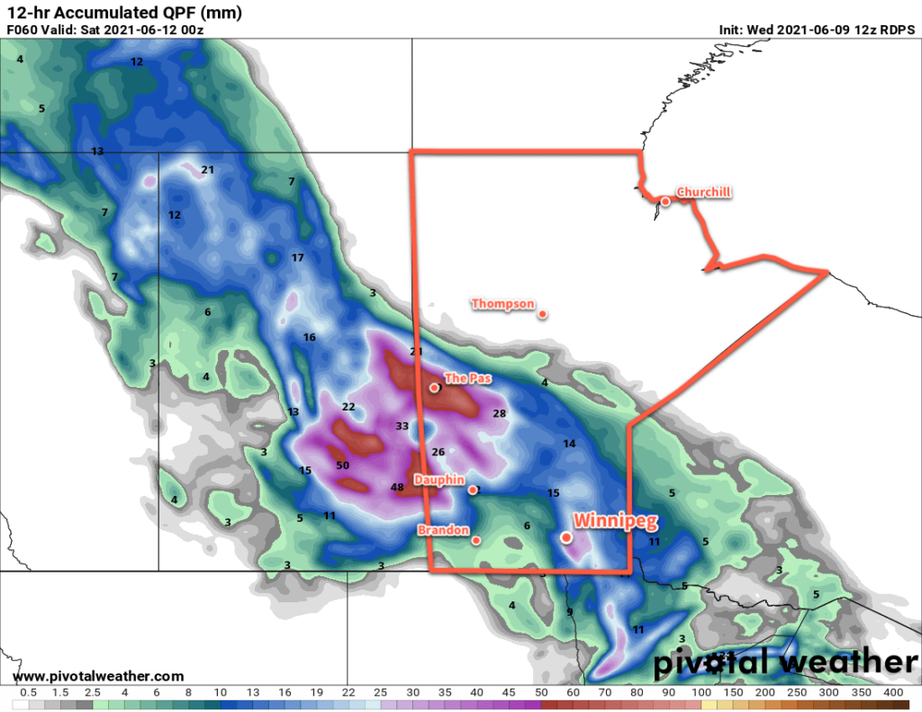 RDPS 12-hr Accumulated Precipitation Forecast valid 00Z Saturday June 12, 2021