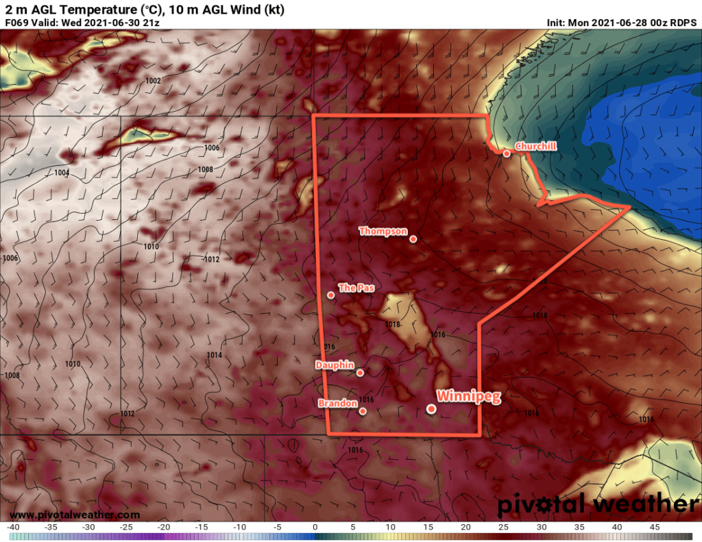 RDPS 2m Temperature Forecast valid 21Z Wednesday June 30, 2021