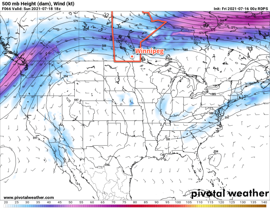 RDPS 500mb Height and Wind Speed Forecast valid 18Z Sunday July 18, 2021