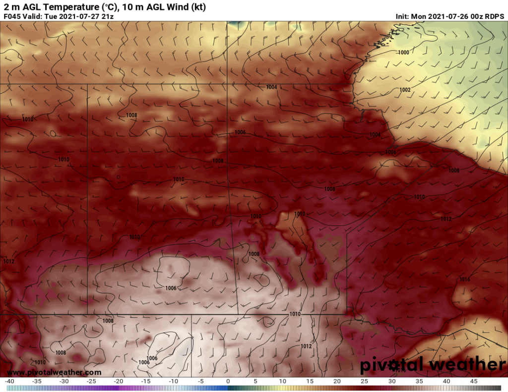 RDPS 2m Temperature Forecast valid 21Z Tuesday July 27, 2021