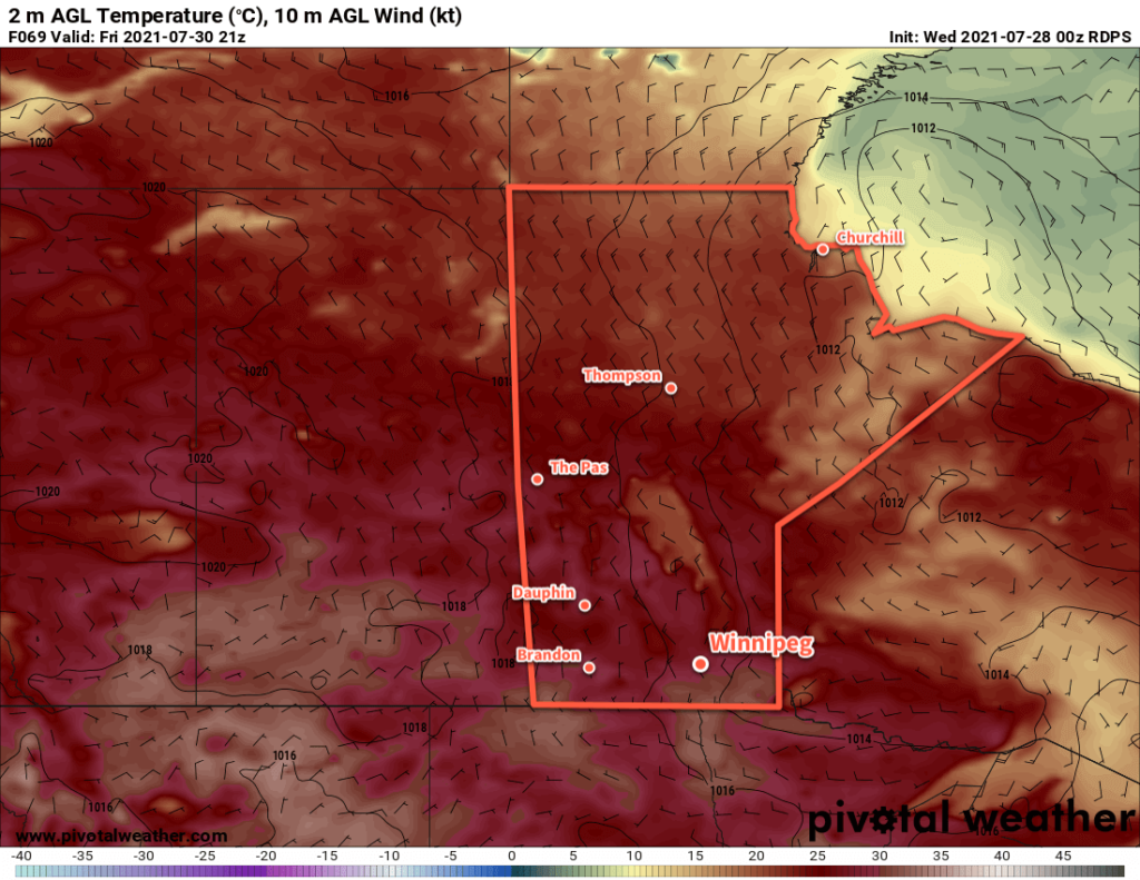 RDPS 2m Temperature Forecast valid 21Z Friday July 30, 2021