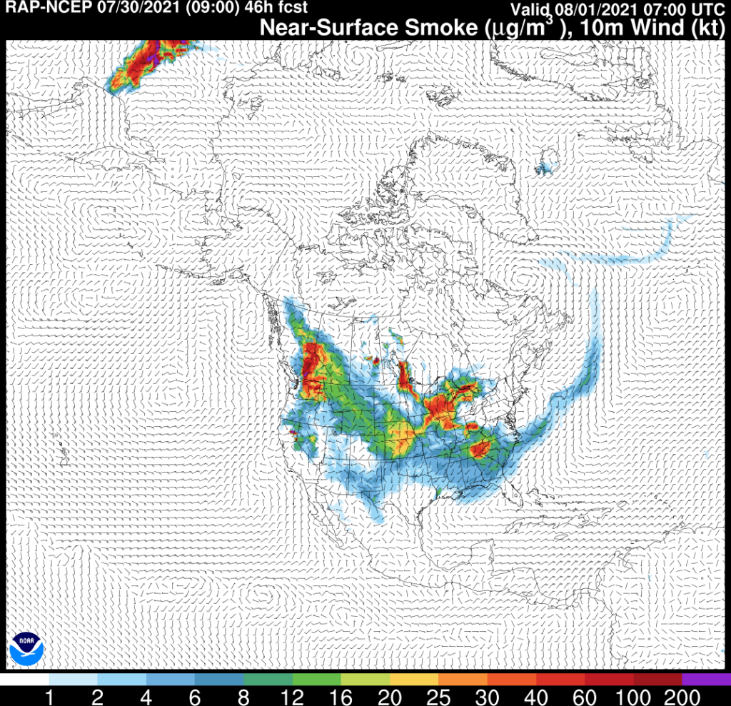 RAP-SMOKE Near-Surface Smoke Forecast valid 07Z Sunday August 1, 2021