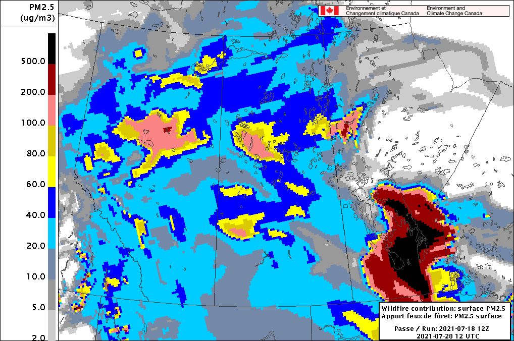 Wildfire Surface PM2.5 Contribution Forecast valid 12Z Tuesday July 20, 2021