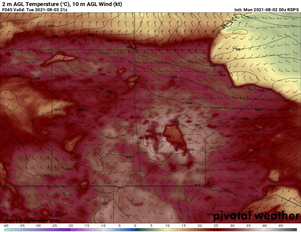 RDPS 2m Temperature Forecast valid 21Z Tuesday August 3, 2021