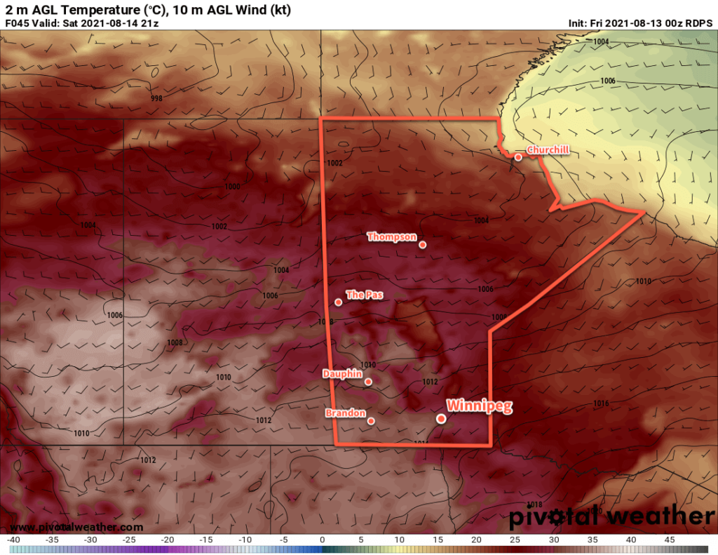 RDPS 2m Temperature Forecast valid 21Z Saturday August 14, 2021