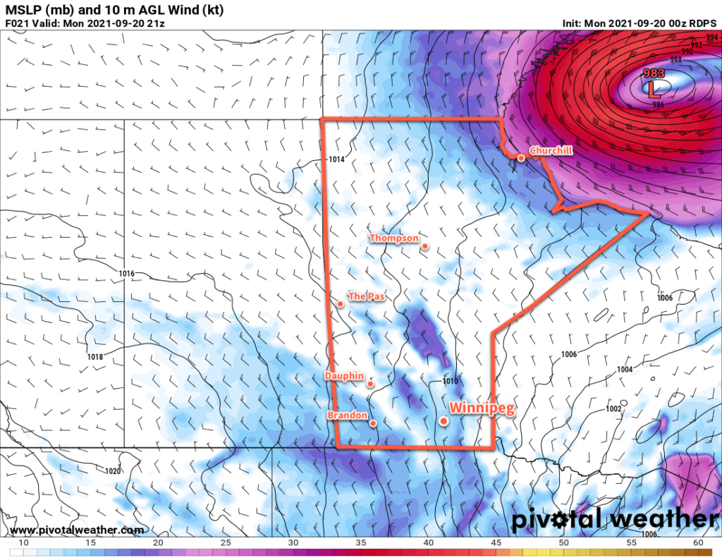 RDPS 10m Wind Forecast valid 21Z Monday September 20, 2021