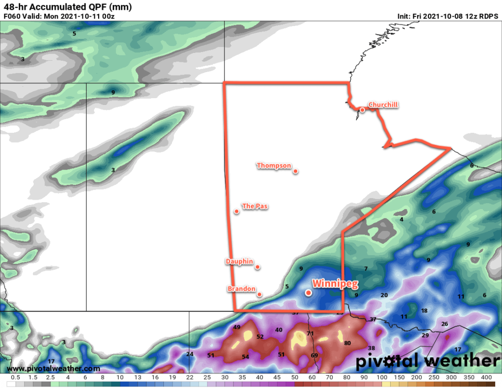 RDPS 48 Hour Accumulated Precipitation Forecast valid 00Z Monday October 11, 2021