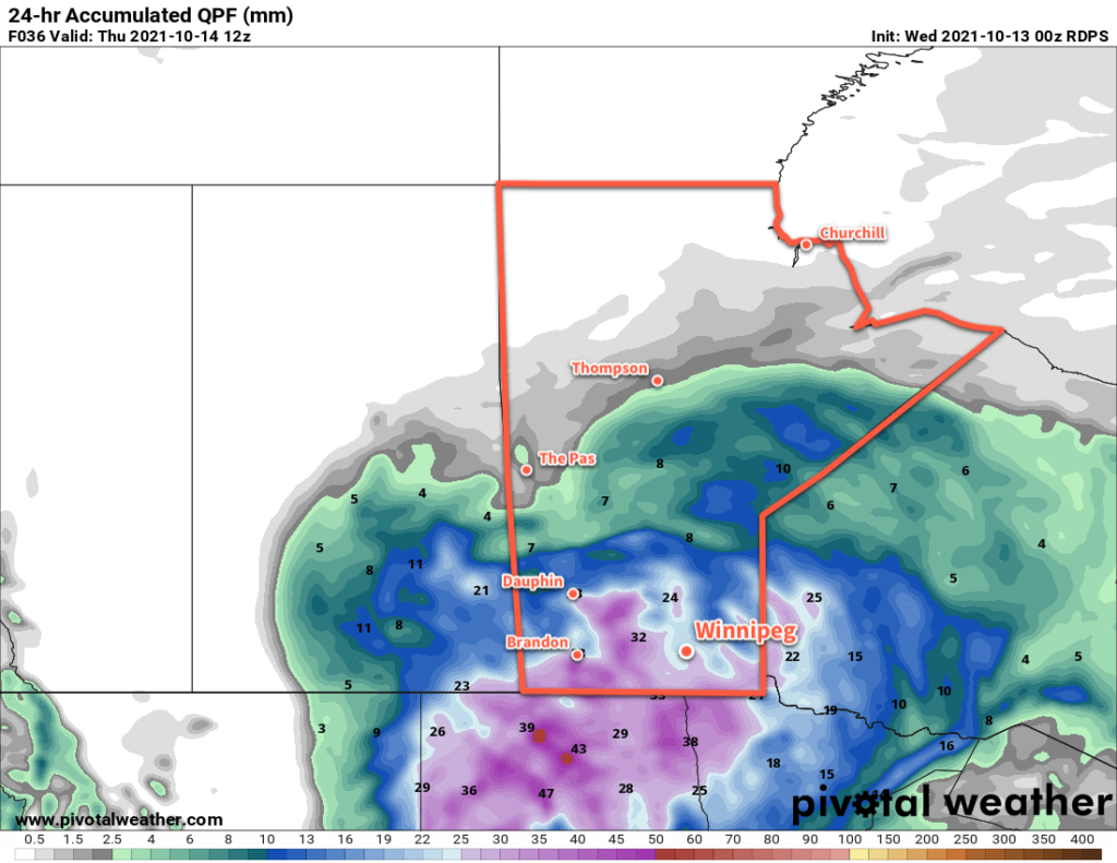 RDPS 24hr. Accumulated Precipitation Forecast valid 18Z Thursday October 14, 2021