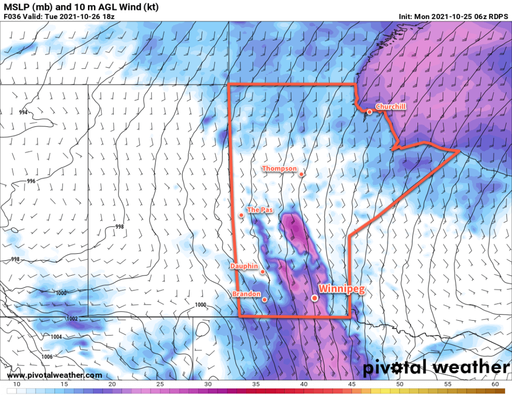 RDPS 10m AGL Wind Forecast valid 18Z Tuesday October 26, 2021
