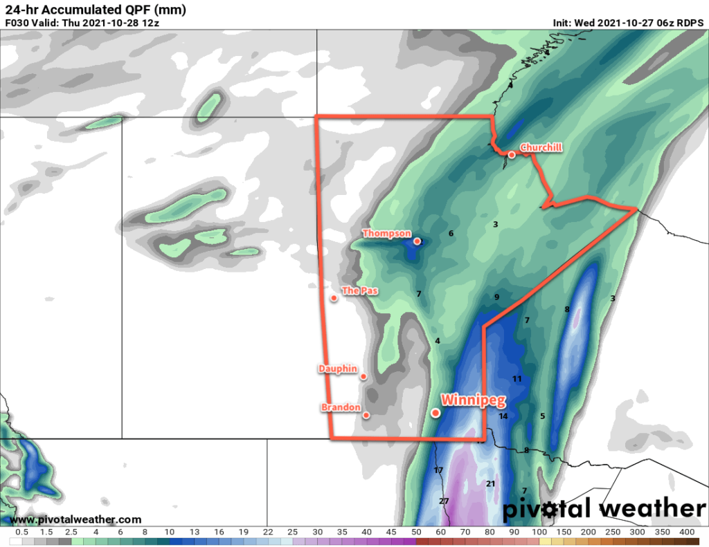 RDPS 24hr. Precipitation Accumulation Forecast valid 12Z Thursday October 28, 2021