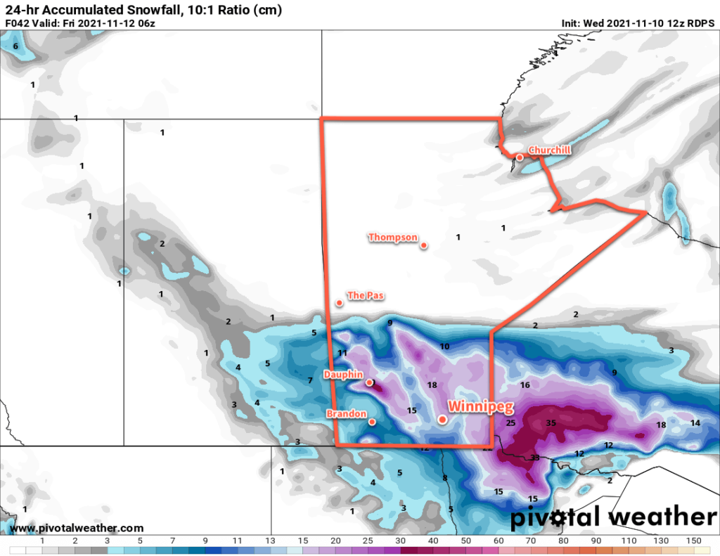 RDPS 24hr. Accumulated Snowfall (10:1 SLR) valid 06Z Friday November 12, 2021