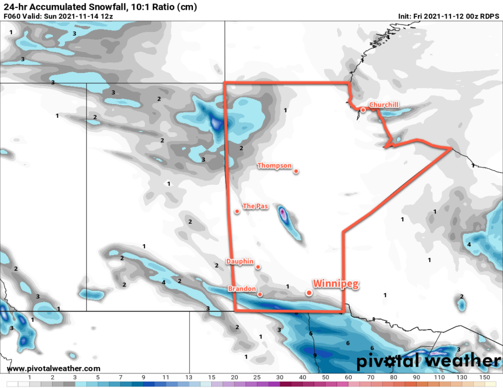 RDPS 24hr. Accumulated Snowfall Forecast (10:1 SLR) valid 12Z Sunday November 14, 2021