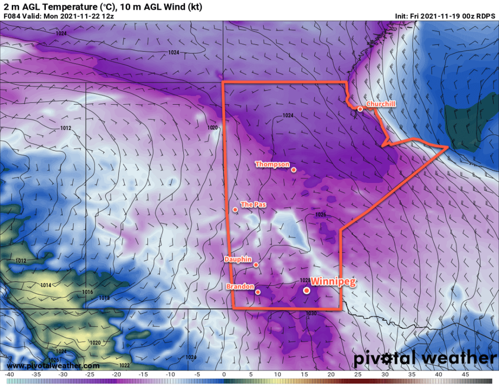 RDPS 2m Temperature Forecast valid 12Z Monday November 22, 2021