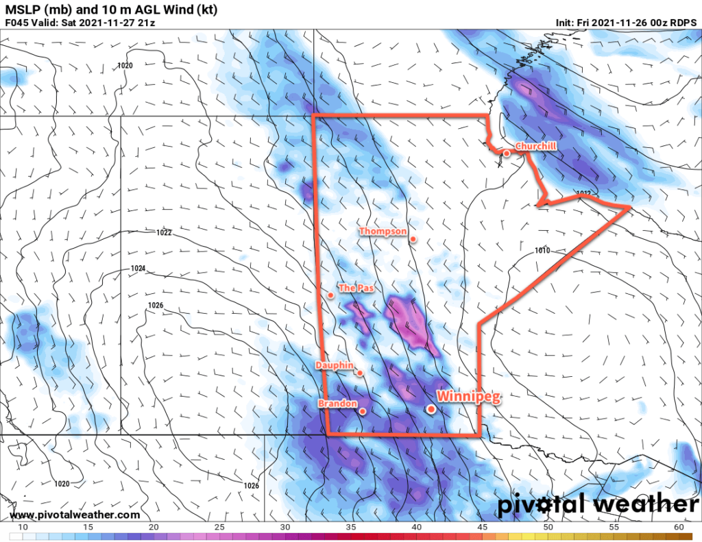 RDPS 10m Wind Forecast valid 21Z Saturday November 27, 2021