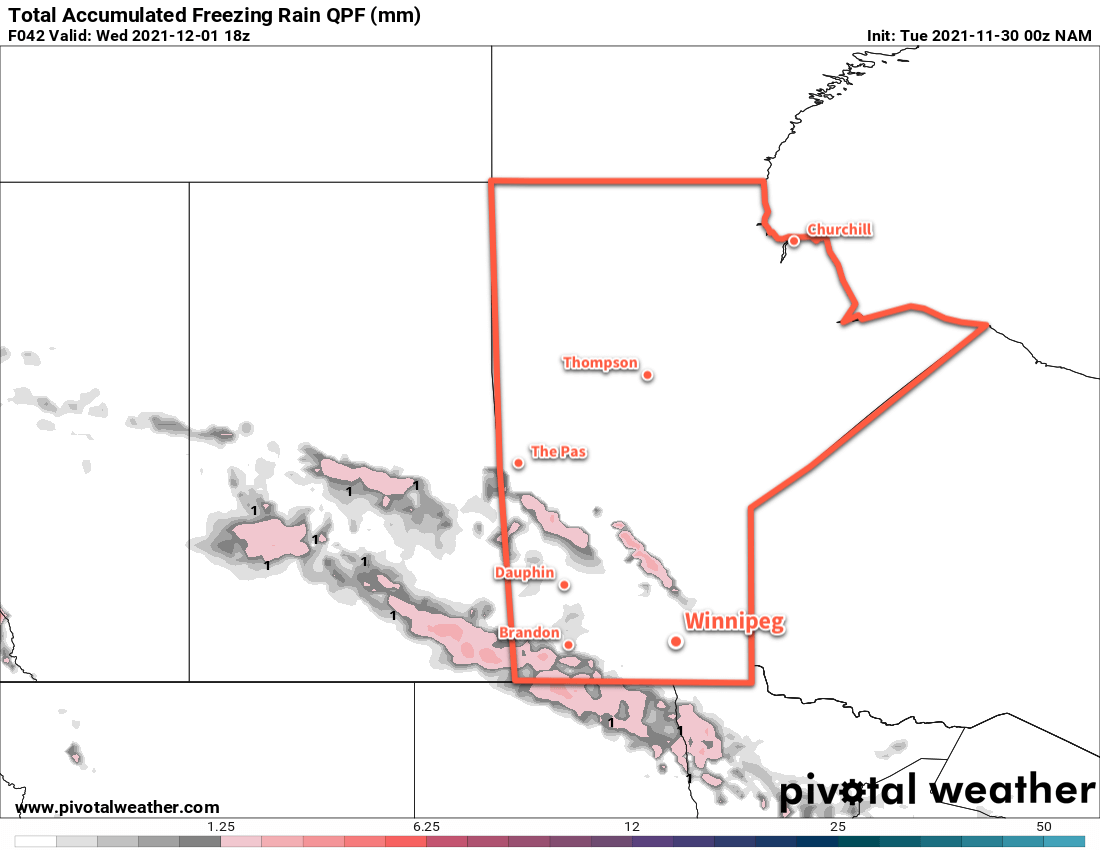 NAM Total Accumulated Freezing Rain Forecast valid 18Z Wednesday December 1, 2021