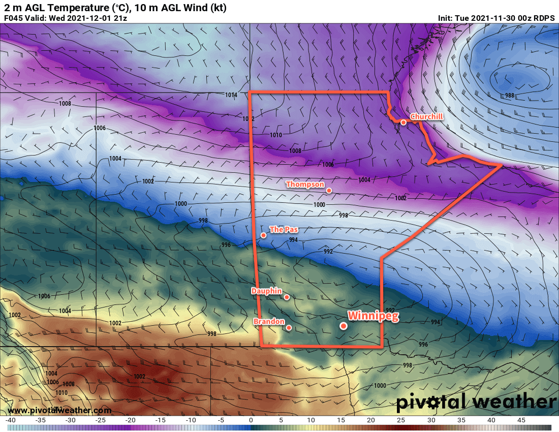 RDPS 2m Temperature Forecast valid 21Z Tuesday November 30, 2021